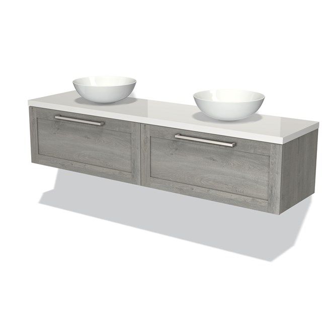 Maxaro Badkamermeubel Modulo Plato 180cm Grijs Eiken 2 Lades Hoogglans Wit Blad