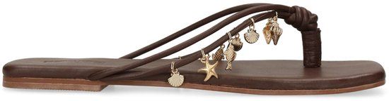 Sacha - Dames - Bruine leren slippers met goudkleurige charms - Maat 38