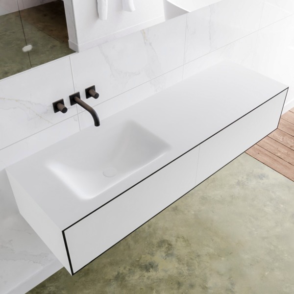 Mondiaz LAGOM 150cm badmeubel solid surface urban 2 lades Wastafel cloud links zonder kraangat M64149UBM0M35217L