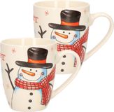 Merkloos / Sans marque G. Wurm Kerst mok - 2x stuks - sneeuwpop - 8 x 10 cm - porselein - 300 ml