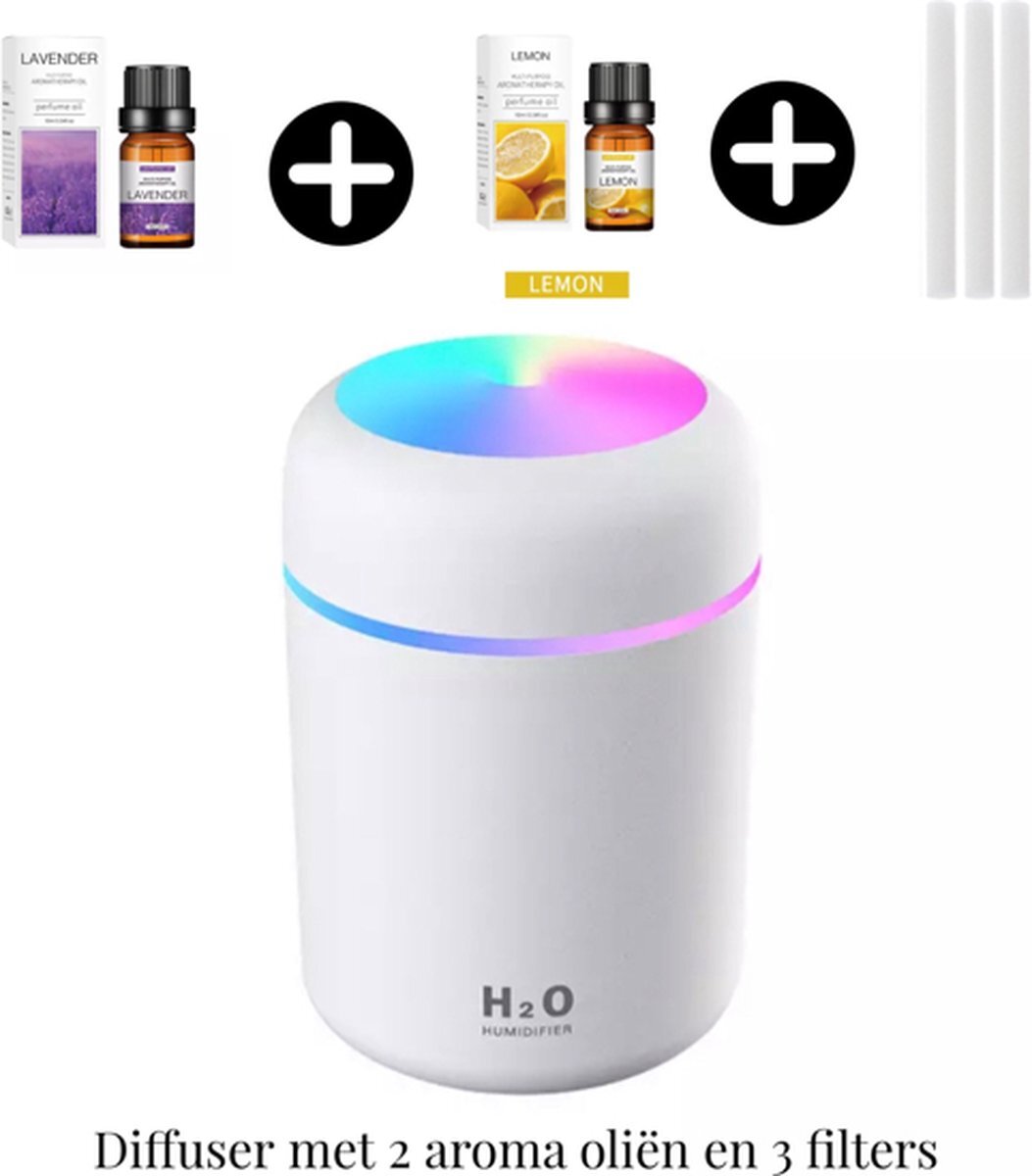 casamix Aroma Diffuser Wit-Luchtbevochtiger 300 ml - Incl. 2 aroma olien en 3 filters -LED sfeerverlichting- compact- Auto en huis gebruik