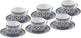Karaca Beylerbeyi - 12-delige Porseleinen Turkse Koffiekopjes Set - 6 Persoons - 80 ml - Wit Blauw Multicolor