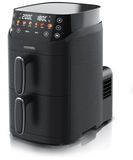 Arendo, friteuse à air à double compartiment, 5 litres, 2 compartiments superposés de 2,5 litres chacun, 2000 W, friteuse sans huile, 6 programmes, de 80 à 200 °C, écran LED, avec grille et support à pain, noire