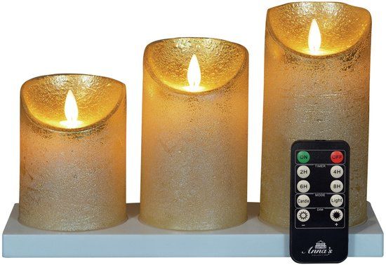 Anna's Collection Stompkaarsen - 3x - goud - met oplaadstation - LED kaarsen - afstandsbediening