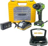 Procraft Perceuse sans fil PA18Pro2-1B-C 20 V 30 Nm sans balais + 1x batterie 2,0 Ah + chargeur + jeu de 13 embouts + mallette