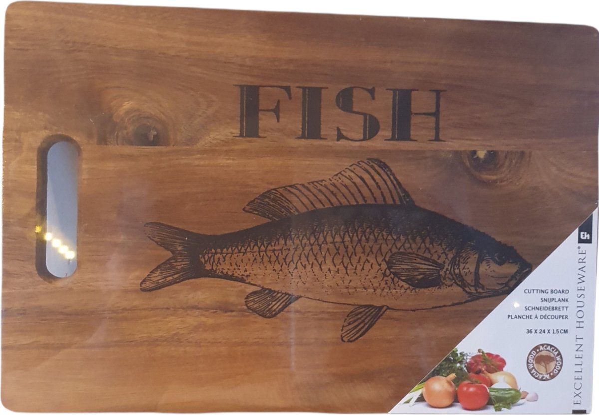 Excellent houseware Snijplank Acacia hout FISH 36x24x1,5cm