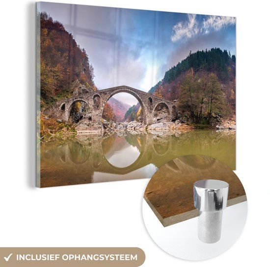 MuchoWow® Glass Painting 150x100 cm - Acrylic Glass Painting - Old Stone Bridge Reflecting in the Water - Photo on Glass - Paintings