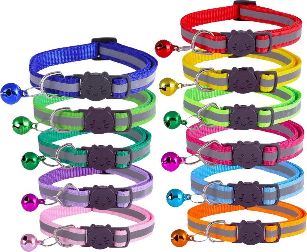 Petsify - Kattenhalsband met Belletje - Veiligheidssluiting - Reflecterend - Halsband Kat - Halsband Kitten - Set van 11 blauw, geel, groen, oranje, rood, roze, paars