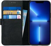 Rosso Deluxe Echt Leer Book Case Hoesje Geschikt voor Apple iPhone 13 Pro | Zwart