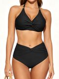 MEETYOO Dames hoge taille bikini set, halternek V-hals gestreept bikinitop, gedraaide hoogtaille zwembroek, strandzwemkleding voor zomer Groente-Schwarz L