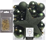 Decoris Shoppartners Bv 33x stuks kunststof kerstballen 5, 6 en 8 cm donkergroen inclusief ster piek en kerstbalhaakjes - Kerstversiering - Onbreekbaar