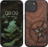 kwmobile telefoonhoesje geschikt voor iPhone 15 - Hoesje met bumper - hout - In donkerbruin Parelmoer kompas design