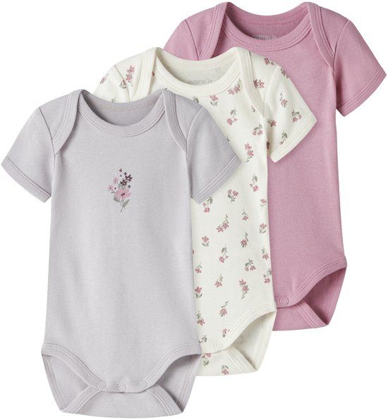 NAME IT NBFBODY 3P SS FLOWER NOOS - Baby - Bodies - Jet Stream - Set van 3 - Korte mouw - Lente/Zomer 2026