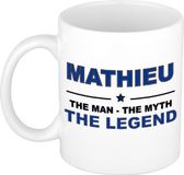 Bellatio Decorations Mathieu cadeau mok - man myth legend - naam koffiemok / beker - wit en blauw - 300 ml - verjaardag