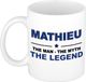 Bellatio Decorations Mathieu cadeau mok - man myth legend - naam koffiemok / beker - wit en blauw - 300 ml - verjaardag