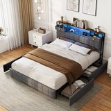 Merkloos Opbergbed 160x200 cm Grijs Fluweel met Opberghoofdbord, RGB LED, USB-C en 4 Lades