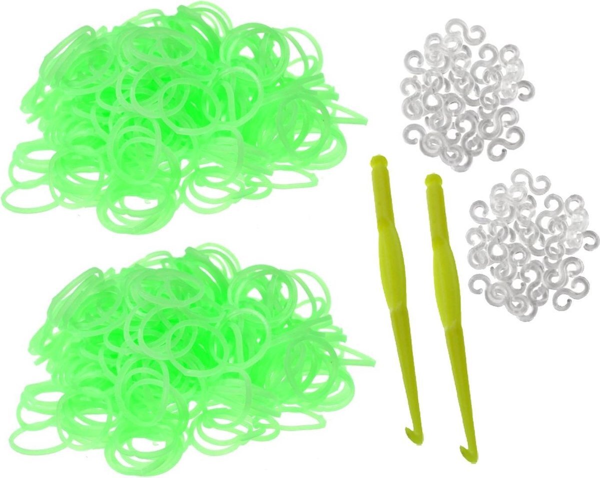 Behave 600 groene Loom Bands met 2 weefhaken en S-clips