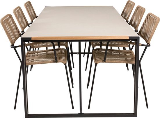 Texas tuinmeubelset tafel 100x200cm en 6 stoel armleuningL Lindos zwart, naturel, grijs.