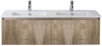 BES LED Frozen 3D Badmeubelset 140 cm - Greeplijst in Kleur - Grain Oak - Keramische Wastafel Wit 2 Kraangaten