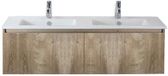 BES LED Frozen 3D Badmeubelset 140 cm - Greeplijst in Kleur - Grain Oak - Keramische Wastafel Wit 2 Kraangaten