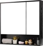 Merkloos Badkamerspiegelkasten met plank, dubbele spiegeldeur, badkamerkast, wandmontage, toiletopbergkast, zwart