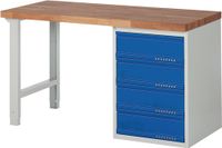 Promat/Tecwerk Werkbank BK 650 B1500xD700xH840mm beukenhout massief lichtgrijs RAL7035 gentiaanblauw RAL5010 4 laden