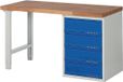 Promat/Tecwerk Werkbank BK 650 B1500xD700xH840mm beukenhout massief lichtgrijs RAL7035 gentiaanblauw RAL5010 4 laden
