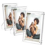 AITEE Acryl fotolijsten, set van 3, 5 x 7 stuks, transparante fotolijsten met standaard, magnetisch frame, acryl lucite frameloze transparante kubussen, zwevend cadeau voor thuiskantoor