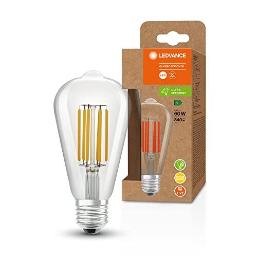 Ledvance LED spaarlamp, Edison gloeidraad, E27, warm wit (3000K), 4 watt, vervangt 60W gloeilamp, zeer efficiënt en energiebesparend, pak van 6