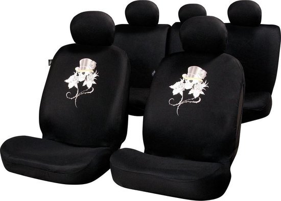 Car Plus Stoelhoezen Set Rose & Skull Uni Polyester Zwart 11-delig