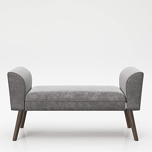Playboy Zitbank met fluwelen bekleding in grijs en stevige massief houten poten, gevoerde bank van stof, kruk, voetenbank met fluweel, retrodesign, clubstijl voor hal en entree