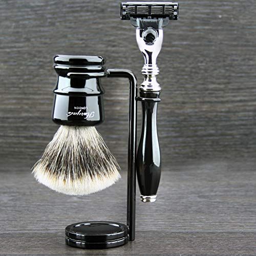 Haryali London 100% Zilveren Tip Badger Haar Deluxe Scheerset + Triple Edge Cartridge & Standaard - 5056174619901