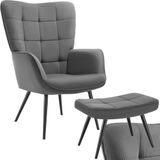 Tectake Oorfauteuil met Hocker – Scandinavische Teddy Bouclé Fauteuil – Lounge- en Woonkamerstoel – Zwart Metalen Poten – Draagvermogen 150kg – Grijs