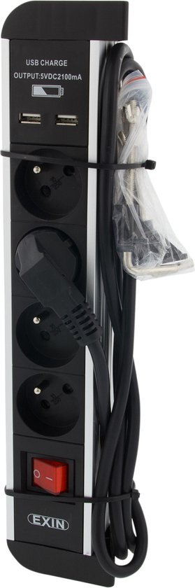 EXIN Stekkerdoos - 4-voudig met penaarde - 2 USB aansluitingen - Met veiligheidsschakelaar - 1.5 meter snoer - Aluminium Alleen geschikt voor gebruik in BelgiÃ