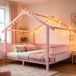 Ropilly Metalen kinderbed in de vorm van een huis, 140 x 200 cm, roze, met veiligheidsrek en een dakontwerp, geschikt voor de slaapkamer