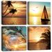 Muurkunst Canvas Prints - Palmboom/Zeilboot/Zee - Modern Ingelijst Kunstwerk - 30 x 30 cm - 4 Stuks - Geschikt voor Wanddecoratie - Canvas Art