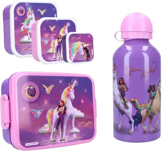 4KidsOnly Unicorn Academy Lunchset; Fles, Lunchbox en 3-in-1 Snackbox