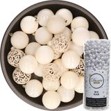 Decoris Kerstballen - 37x stuks - 6 cm - incl. kralenslinger - wol wit - kunststof
