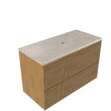 Saniclass Badkamermeubelset - 100x45x63cm - Travertine natuurstenen topblad - 1 kraangat - 2 lades - mat eiken natural