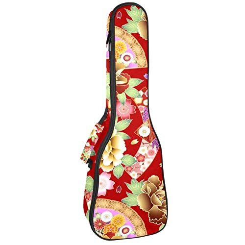 Mersov Concert Ukelele Rugzak, Heavy Duty Ukulele Case Bag met Opslag, Sopraan Concert Tenor Ukelele 10 MM Gewatteerde Tas Pioen Bloemen Vouwventilator Rood