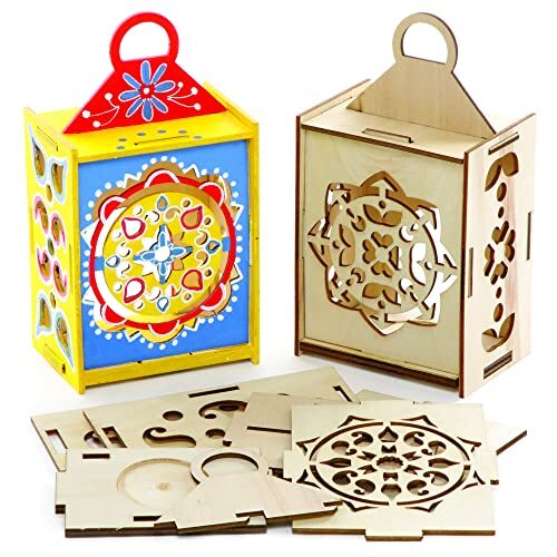 Baker Ross FE843 Rangoli Houten Lantaarn sets - Pak van 3, Houten Knutselset voor Kinderen, Creatieve Activiteiten voor Kinderen om in te Kleuren, Versieren en Tentoon te Stellen.