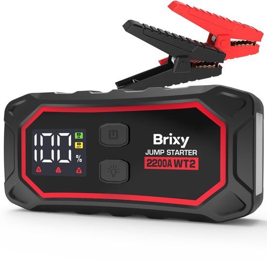 Brixy Jumpstarter voor Auto - 2200A / 16.000 mAH - 4-in-1 Starthulp - LED Zaklamp, SOS Noodlicht en Powerbank - Rood/Zwart