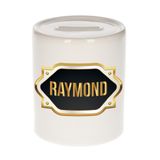 Bellatio Decorations Spaarpot met voornaam Raymond - wit - met goud/zwart embleem - 8 x 9 cm - keramiek - met afsluitdop - cadeau verjaardag