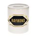 Spaarpot Raymond - wit - met goud/zwart embleem - 8 x 9 cm - keramiek - met afsluitdop - cadeau verjaardag