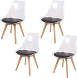 Urban Living SET VAN 4 "JOY" TRANSPARANTE STOELEN MET ZWARTE KUSSENS EN HOUTEN POTEN 57X50XH82CM
