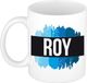 Bellatio Decorations Roy naam cadeau koffie mok - beker - met blauw verfstrepen - Cadeau collega - vaderdag - verjaardag - meester - coach - 300 ml - wit