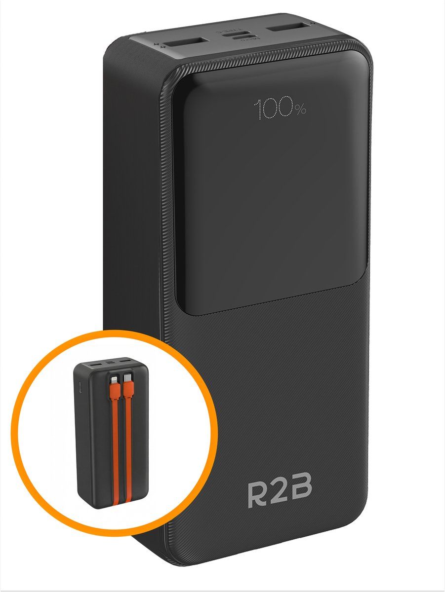 Powerbank R2B Powerbank 30000 mAh met ingebouwde Oplaadkabels (8 Pins en USB-C) - 6 tot 8 Keer Opladen - Snellader & LED Display