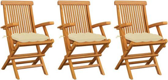 vidaXL Tuinstoelen 3 stuks met crèmekleurige kussens, massief teakhout