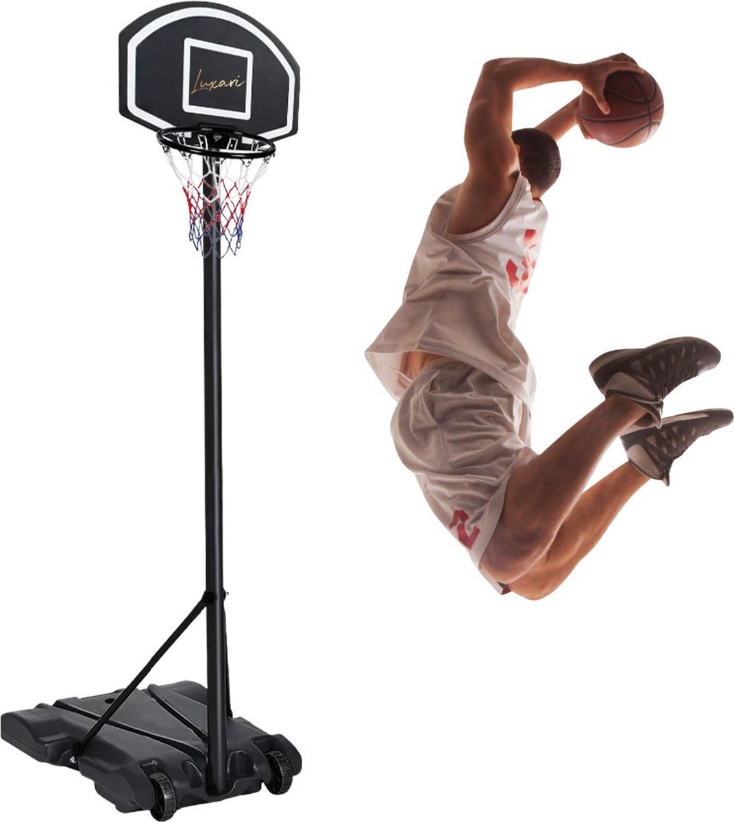 Luxari Basketbalpaal Pro - In Hoogte Verstelbaar: 180 - 215 cm - Basketbalring - Stevige Voetstuk - Zwart
