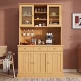 OKWISH Buffetkast - Glazen Deuren, Glazenhouder En Stopcontacten - 120 x 40 x 191 cm - 1 Lade, Verstelbare Planken - Spaanplaat Natuur